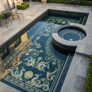Navy Gold Pool Mosaic Scrolls