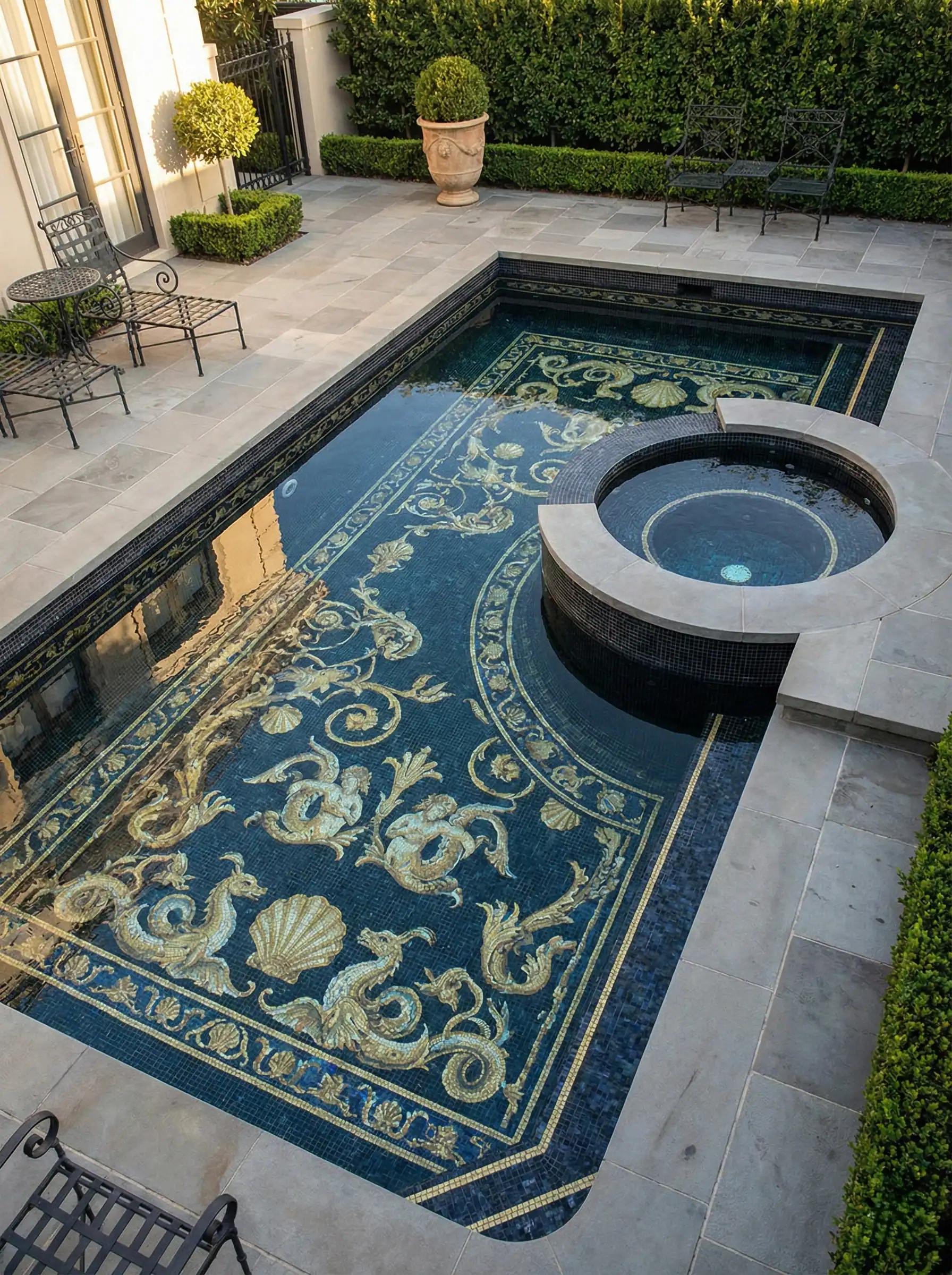 navy-gold-pool-mosaic-scrolls